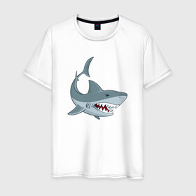 Мужская футболка хлопок с принтом Агрессивная акула , 100% хлопок | прямой крой, круглый вырез горловины, длина до линии бедер, слегка спущенное плечо. | Тематика изображения на принте: shark | агрессивная | акула | акулы | клыки | море | океан | рыба