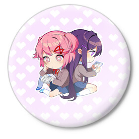 Значок с принтом Chibi Natsuki and Yuri ,  металл | круглая форма, металлическая застежка в виде булавки | ddlc | doki doki literature club | natsuki | yuri | натсуки | нацуки | юри