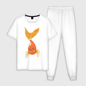 Мужская пижама хлопок с принтом Золотая рыбка , 100% хлопок | брюки и футболка прямого кроя, без карманов, на брюках мягкая резинка на поясе и по низу штанин
 | fish | желание | золотая | золотая рыбка | море | океан | рыба | рыбка