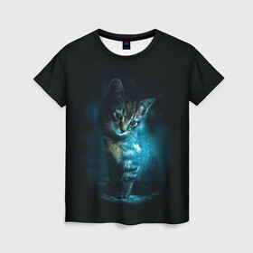 Женская футболка 3D с принтом красивый кот , 100% полиэфир ( синтетическое хлопкоподобное полотно) | прямой крой, круглый вырез горловины, длина до линии бедер | бабочки и кошки в красивом свете | кот в свете | одинокий кот | только бабочки