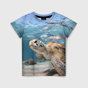 Детская футболка 3D с принтом Морская черепаха , 100% гипоаллергенный полиэфир | прямой крой, круглый вырез горловины, длина до линии бедер, чуть спущенное плечо, ткань немного тянется | море | морская | океан | подводный мир | рыбы | черепаха