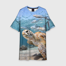 Детское платье 3D с принтом Морская черепаха , 100% полиэстер | прямой силуэт, чуть расширенный к низу. Круглая горловина, на рукавах — воланы | море | морская | океан | подводный мир | рыбы | черепаха