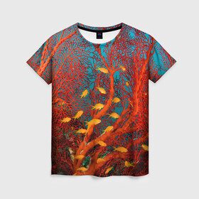 Женская футболка 3D с принтом Коралловые рыбки , 100% полиэфир ( синтетическое хлопкоподобное полотно) | прямой крой, круглый вырез горловины, длина до линии бедер | коралловые | море | океан | подводный мир | рифы | рыбки | рыбы