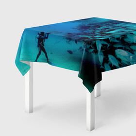 Скатерть 3D с принтом Фото дайвинг , 100% полиэстер (ткань не мнется и не растягивается) | Размер: 150*150 см | дайвер | косяк | море | океан | подводный мир | рыбки | рыбы | фото дайвинг