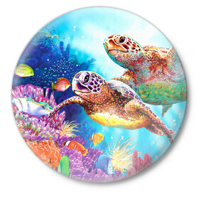 Значок с принтом Морские черепахи ,  металл | круглая форма, металлическая застежка в виде булавки | Тематика изображения на принте: коралловые | море | морские | океан | подводный мир | рифы | рыбки | рыбы | черепахи