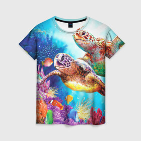 Женская футболка 3D с принтом Морские черепахи , 100% полиэфир ( синтетическое хлопкоподобное полотно) | прямой крой, круглый вырез горловины, длина до линии бедер | коралловые | море | морские | океан | подводный мир | рифы | рыбки | рыбы | черепахи