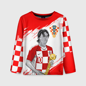 Детский лонгслив 3D с принтом ЛУКА МОДРИЧ LUKA MODRIC , 100% полиэстер | длинные рукава, круглый вырез горловины, полуприлегающий силуэт
 | Тематика изображения на принте: football | luka modric | real madrid. | sport | лука модрич | реал мадрид | сборная хорватии | спорт | футбол