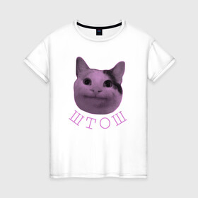 Женская футболка хлопок с принтом штош , 100% хлопок | прямой крой, круглый вырез горловины, длина до линии бедер, слегка спущенное плечо | Тематика изображения на принте: кот | меме | прикол | штош | юмор