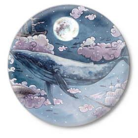 Значок с принтом Кит среди облаков ,  металл | круглая форма, металлическая застежка в виде булавки | кит | кит в облаках | луна | облака. корабль | рыбы