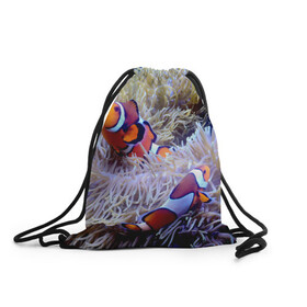 Рюкзак-мешок 3D с принтом Клоуны в актинии , 100% полиэстер | плотность ткани — 200 г/м2, размер — 35 х 45 см; лямки — толстые шнурки, застежка на шнуровке, без карманов и подкладки | актиния | клоуны | коралловые | море | подводный мир | рыбки