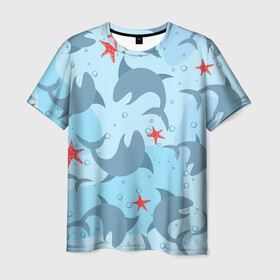 Мужская футболка 3D с принтом Акулы паттерн , 100% полиэфир | прямой крой, круглый вырез горловины, длина до линии бедер | Тематика изображения на принте: shark | акула | акулы | жители | клыки | море | морские | океан | рыба
