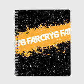 Тетрадь с принтом Far Cry 6 , 100% бумага | 48 листов, плотность листов — 60 г/м2, плотность картонной обложки — 250 г/м2. Листы скреплены сбоку удобной пружинной спиралью. Уголки страниц и обложки скругленные. Цвет линий — светло-серый
 | Тематика изображения на принте: far cry 6 | игра | капли | лого | надпись | снег | частицы