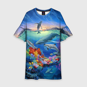 Детское платье 3D с принтом Киты и дельфины , 100% полиэстер | прямой силуэт, чуть расширенный к низу. Круглая горловина, на рукавах — воланы | горы | дельфины | закат солнца | киты | кораллы | море | океан | подводный мир