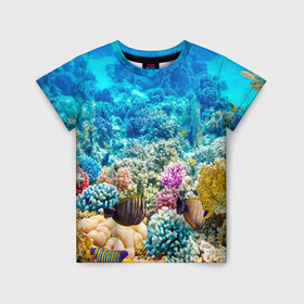 Детская футболка 3D с принтом Риф , 100% гипоаллергенный полиэфир | прямой крой, круглый вырез горловины, длина до линии бедер, чуть спущенное плечо, ткань немного тянется | коралловый риф | полосатые рыбы | риф | рыбы | сказочный риф