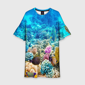 Детское платье 3D с принтом Риф , 100% полиэстер | прямой силуэт, чуть расширенный к низу. Круглая горловина, на рукавах — воланы | коралловый риф | полосатые рыбы | риф | рыбы | сказочный риф