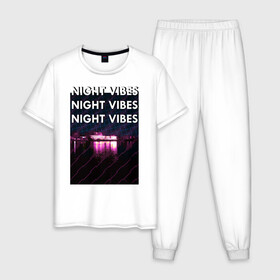 Мужская пижама хлопок с принтом Ночная гладь , 100% хлопок | брюки и футболка прямого кроя, без карманов, на брюках мягкая резинка на поясе и по низу штанин
 | Тематика изображения на принте: neon | night city | retrowave | вода | неон | ночь | отражение | полосы | ретровейв | свет