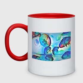 Кружка двухцветная с принтом Медузы в море , керамика | объем — 330 мл, диаметр — 80 мм. Цветная ручка и кайма сверху, в некоторых цветах — вся внутренняя часть | медуза | медузы | море | морская фауна | морские жители | подводный мир