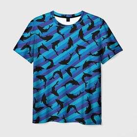 Мужская футболка 3D с принтом Черные акулы паттерн , 100% полиэфир | прямой крой, круглый вырез горловины, длина до линии бедер | black | shark | акула | акулы | жители | клыки | море | морские | океан | паттерн | рыба | черные