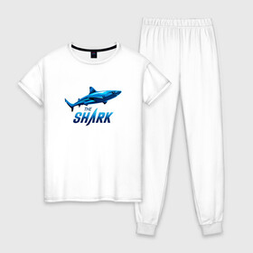 Женская пижама хлопок с принтом Акула. The Shark , 100% хлопок | брюки и футболка прямого кроя, без карманов, на брюках мягкая резинка на поясе и по низу штанин | shark | акула | акуленок | акулы | жители | клыки | море | морские | океан | рыба | черные