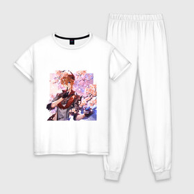 Женская пижама хлопок с принтом Tartaglia fan art , 100% хлопок | брюки и футболка прямого кроя, без карманов, на брюках мягкая резинка на поясе и по низу штанин | art | fanart | game | genshin | impact | tartaglia | арт | тарталья | фан