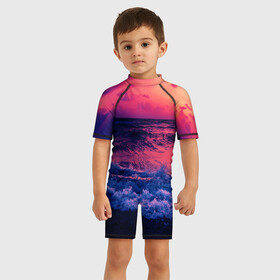 Детский купальный костюм 3D с принтом Закат на берегу , Полиэстер 85%, Спандекс 15% | застежка на молнии на спине | берег | волны | закат | море | пляж