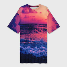 Платье-футболка 3D с принтом Закат на берегу ,  |  | берег | волны | закат | море | пляж