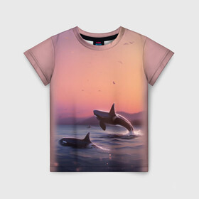 Детская футболка 3D с принтом касатки , 100% гипоаллергенный полиэфир | прямой крой, круглый вырез горловины, длина до линии бедер, чуть спущенное плечо, ткань немного тянется | Тематика изображения на принте: ocean | orca | sea | sea animal | дельфин | закат | касатка | кит | море | океан | рисунок кита