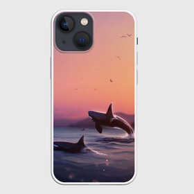 Чехол для iPhone 13 mini с принтом касатки ,  |  | ocean | orca | sea | sea animal | дельфин | закат | касатка | кит | море | океан | рисунок кита