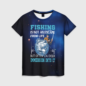 Женская футболка 3D с принтом FISHING PLANET Рыбалка , 100% полиэфир ( синтетическое хлопкоподобное полотно) | прямой крой, круглый вырез горловины, длина до линии бедер | fish | карп | лето | отдых | поклев | рыба | рыбалка | рыболов | спиннинг | удилище | удочка