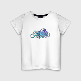 Детская футболка хлопок с принтом Осьминог , 100% хлопок | круглый вырез горловины, полуприлегающий силуэт, длина до линии бедер | cute | kraken | octopus | живность | жители | кракен | милый | мир | морские | осьминог | осьминожка | подводный | тентакли