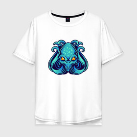 Мужская футболка хлопок Oversize с принтом Голубой осьминог , 100% хлопок | свободный крой, круглый ворот, “спинка” длиннее передней части | Тематика изображения на принте: cute | kraken | octopus | живность | жители | кракен | милый | мир | морские | осьминог | осьминожка | подводный | тентакли