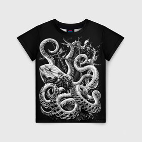 Детская футболка 3D с принтом Кракен Монстр , 100% гипоаллергенный полиэфир | прямой крой, круглый вырез горловины, длина до линии бедер, чуть спущенное плечо, ткань немного тянется | animal | beast | kraken | monster | ocean | octopus | sea | ship | water | вода | животные | звери | корабль | кракен | монстр | море | океан | осьминог | рыбы | щупальца
