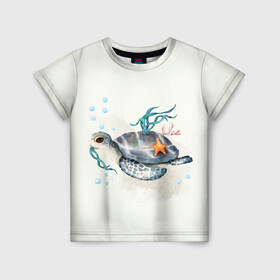 Детская футболка 3D с принтом черепашка , 100% гипоаллергенный полиэфир | прямой крой, круглый вырез горловины, длина до линии бедер, чуть спущенное плечо, ткань немного тянется | ocean | sea | sea animal | акварель | водоросли | графика | море | океан | подводный мир | черепаха