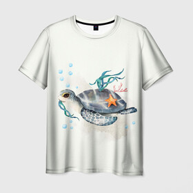 Мужская футболка 3D с принтом черепашка , 100% полиэфир | прямой крой, круглый вырез горловины, длина до линии бедер | Тематика изображения на принте: ocean | sea | sea animal | акварель | водоросли | графика | море | океан | подводный мир | черепаха