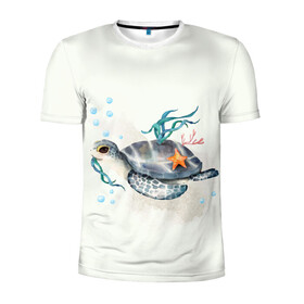 Мужская футболка 3D спортивная с принтом черепашка , 100% полиэстер с улучшенными характеристиками | приталенный силуэт, круглая горловина, широкие плечи, сужается к линии бедра | ocean | sea | sea animal | акварель | водоросли | графика | море | океан | подводный мир | черепаха