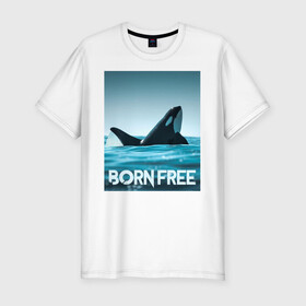 Мужская футболка хлопок Slim с принтом рожденная свободной , 92% хлопок, 8% лайкра | приталенный силуэт, круглый вырез ворота, длина до линии бедра, короткий рукав | ocean | orca | sea | sea animal | дельфин | касатка | кит | море | океан | рисунок кита