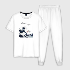 Мужская пижама хлопок с принтом Карп кои , 100% хлопок | брюки и футболка прямого кроя, без карманов, на брюках мягкая резинка на поясе и по низу штанин
 | Тематика изображения на принте: волна | карпы кои | океан | рыба | японские карпы