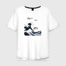 Мужская футболка хлопок Oversize с принтом Карп кои , 100% хлопок | свободный крой, круглый ворот, “спинка” длиннее передней части | волна | карпы кои | океан | рыба | японские карпы