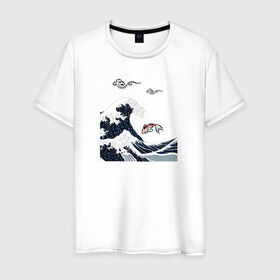Мужская футболка хлопок с принтом Карп кои , 100% хлопок | прямой крой, круглый вырез горловины, длина до линии бедер, слегка спущенное плечо. | волна | карпы кои | океан | рыба | японские карпы