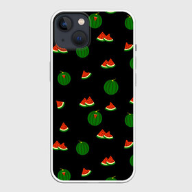 Чехол для iPhone 13 с принтом Арбуз на черном фоне ,  |  | food | pattern | red | ripe | round | seeds | slice | slices | small | summer | watermelon | whole | арбуз | горох | еда | красный | круглый | кусочки | летний | ломтик | мелкий | нарезанный | паттерн | пища | семечки | спелый | целый