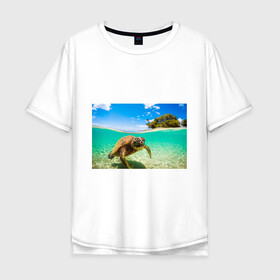 Мужская футболка хлопок Oversize с принтом Морская черепашка , 100% хлопок | свободный крой, круглый ворот, “спинка” длиннее передней части | отдых | пляж | черепашка под водой