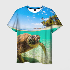 Мужская футболка 3D с принтом Морская черепашка , 100% полиэфир | прямой крой, круглый вырез горловины, длина до линии бедер | Тематика изображения на принте: отдых | пляж | черепашка под водой