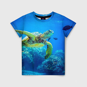 Детская футболка 3D с принтом Морская черепаха , 100% гипоаллергенный полиэфир | прямой крой, круглый вырез горловины, длина до линии бедер, чуть спущенное плечо, ткань немного тянется | морская черепаха | океан | подводный мир | черепаха