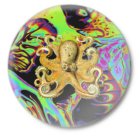 Значок с принтом Octopus Ink ,  металл | круглая форма, металлическая застежка в виде булавки | abstraction | acid | kraken | ocean | octopus | sea | море | осьминог