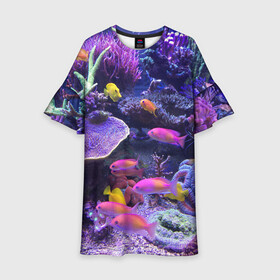 Детское платье 3D с принтом Коралловые рыбки , 100% полиэстер | прямой силуэт, чуть расширенный к низу. Круглая горловина, на рукавах — воланы | дно морское | коралловые | кораллы | море | подводный мир | рыбки