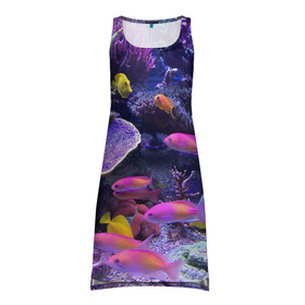 Платье-майка 3D с принтом Коралловые рыбки , 100% полиэстер | полуприлегающий силуэт, широкие бретели, круглый вырез горловины, удлиненный подол сзади. | дно морское | коралловые | кораллы | море | подводный мир | рыбки