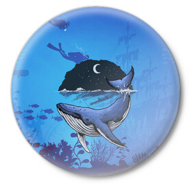 Значок с принтом Синий кит ,  металл | круглая форма, металлическая застежка в виде булавки | дайверы | киты | корабль | море | океан