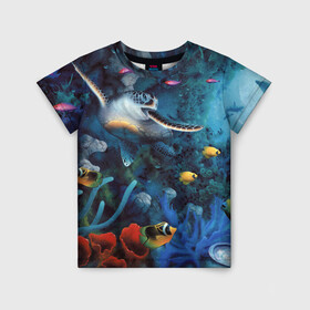 Детская футболка 3D с принтом Морская черепаха , 100% гипоаллергенный полиэфир | прямой крой, круглый вырез горловины, длина до линии бедер, чуть спущенное плечо, ткань немного тянется | коралловые | кораллы | море | морская черепаха | морские обитатели | океан | подводный мир | рыбки