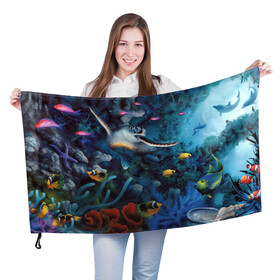 Флаг 3D с принтом Морская черепаха , 100% полиэстер | плотность ткани — 95 г/м2, размер — 67 х 109 см. Принт наносится с одной стороны | Тематика изображения на принте: коралловые | кораллы | море | морская черепаха | морские обитатели | океан | подводный мир | рыбки