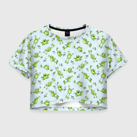 Женская футболка Crop-top 3D с принтом Веселые лягушки , 100% полиэстер | круглая горловина, длина футболки до линии талии, рукава с отворотами | веселая лягушка | лягушка | лягушки | ромашки